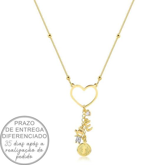 Imagem de Gargantilha bolinhas com coração vazado, fio de corrente, são bento e ponto de luz personalizavel folheada a ouro
