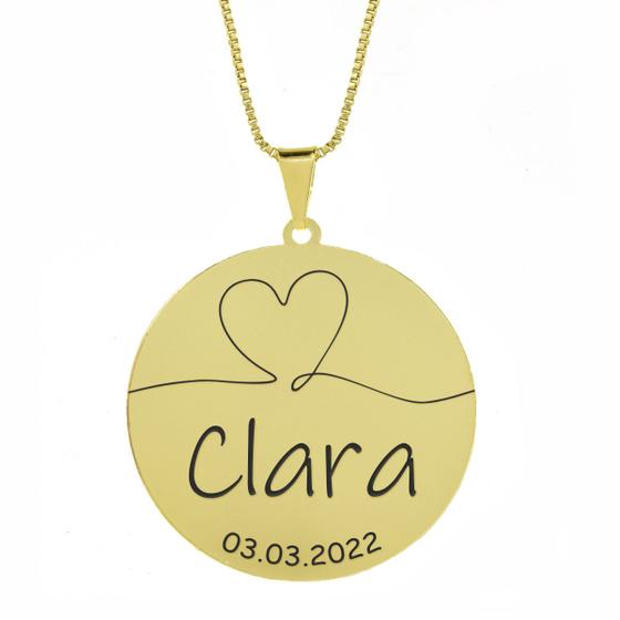 Imagem de Gargantilha Pingente Redondo Personalizado Coração Nome Clara Banhado Ouro 18K - 999007267