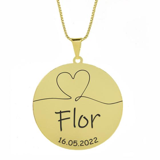 Imagem de Gargantilha Pingente Redondo Personalizado Coração Nome Flor Banhado Ouro 18K - 999007319