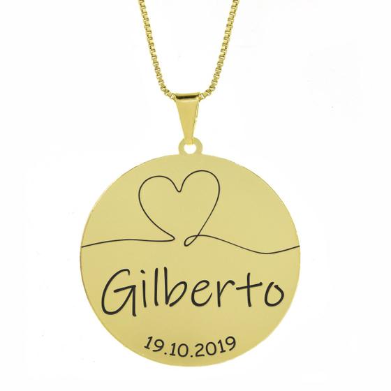 Imagem de Gargantilha Pingente Redondo Personalizado Coração Nome Gilberto Banhado Ouro 18K - 999007190