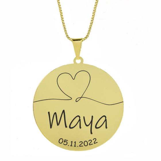 Imagem de Gargantilha Pingente Redondo Personalizado Coração Nome Maya Banhado Ouro 18K - 999007428