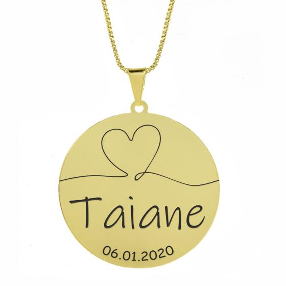 Imagem de Gargantilha Pingente Redondo Personalizado Coração Nome Taiane Banhado Ouro 18K - 999007469