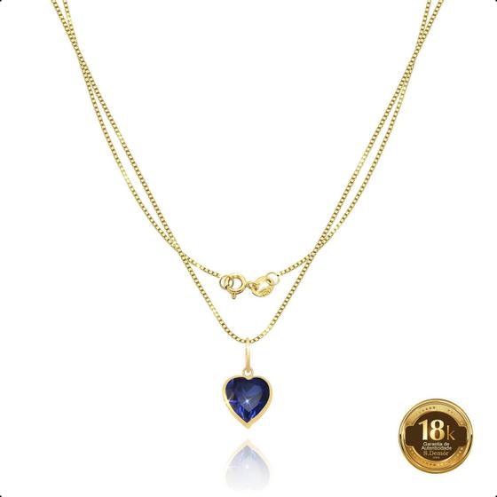 Imagem de Gargantilha Veneziana Em Ouro 18k 750 40cm e Pingente Ponto de Luz Coração Azul Safira
