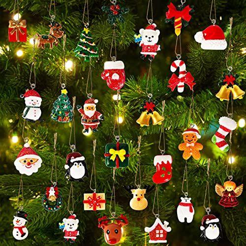 Imagem de Garma 36PCS Mini Resina Enfeites de Natal Tiny Christmas Tree Decorations Set vem com corda pequeno enfeite de Natal pendurado para decorações de árvore de Natal