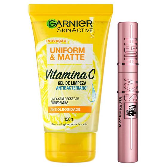 Imagem de Garnier Skin + Maybelline Kit  Gel de Limpeza Facial Uniform & Matte Vitamina C + Máscara de Cílios Lash Sensational Sky High