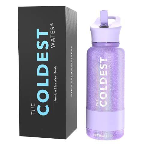 Imagem de Garrafa de água esportiva mais COLDEST - 32 oz (tampa de palha), à prova de vazamentos, aço inoxidável isolado a vácuo, frio quente, parede dupla, caneca térmica, cantina de metal (32 oz, Saturns Moon Purple Glitter)