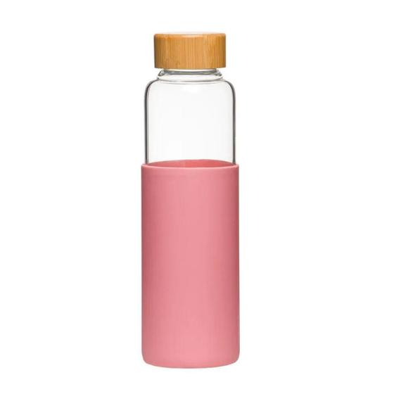 Imagem de Garrafa de Vidro com Silicone Tampa de Bambu 550ml Rosa