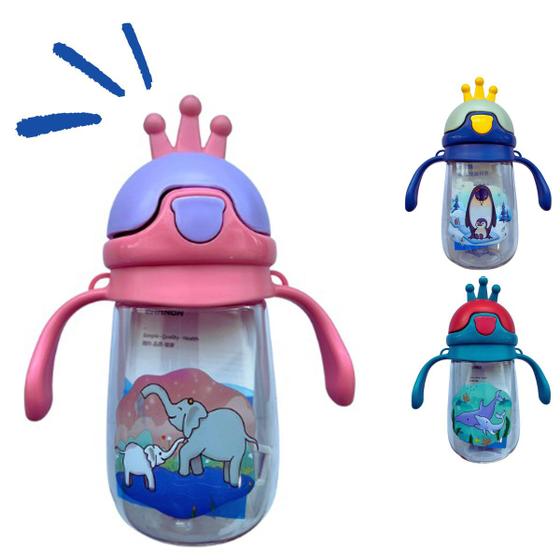 Imagem de Garrafa Infantil Para Levar na Escola 350 ml Coroa com Alça e Tampa com Proteção para Canudo 