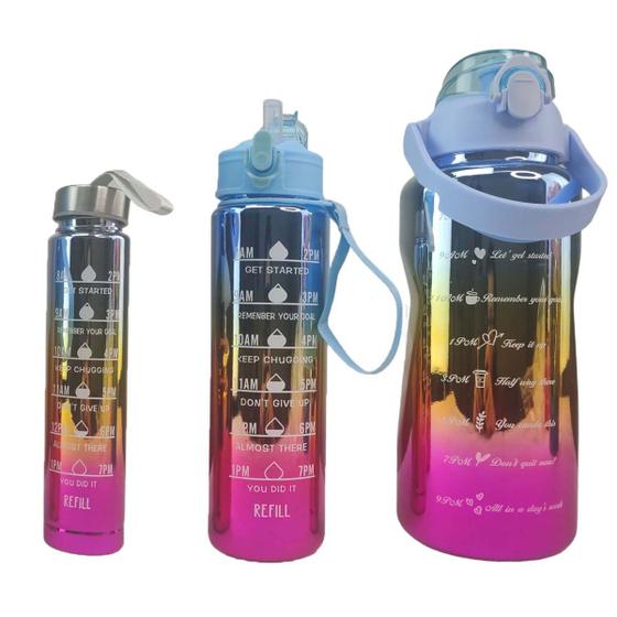 Imagem de Garrafa Motivacional Horario Medidor Kit 3 Uni Squeeze Agua Cha Suco Treino Curso Casa Home Office Trabalho Passeio Viagem 2 Litros 900Ml 300Ml