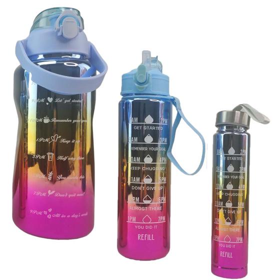 Imagem de Garrafa Motivacional Metalica Medidor Kit 3 Uni Treino Academia Casa Agua Suco Liquido Viagem Passeio 2 Litros 900Ml 300Ml