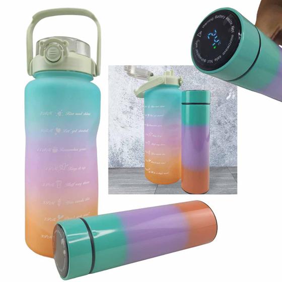 Imagem de Garrafa Motivacional Squeeze Termica Sensor Led Visor Kit 2 Uni Medidor Agua Temperatura Trabalho Estudos Aula Home Office