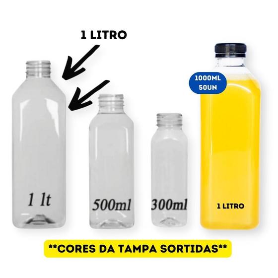 Imagem de Garrafa Plástica Descartável Transparente com Tampa Preta/Color Usicomp - 1000ml 1 Litro 1L - pct 50 Unidades