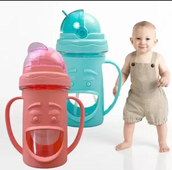 Imagem de Garrafa Squeeze com tampa Alça e Canudo em Silicone Garrafa de Água Infantil Copo Baby 320ml