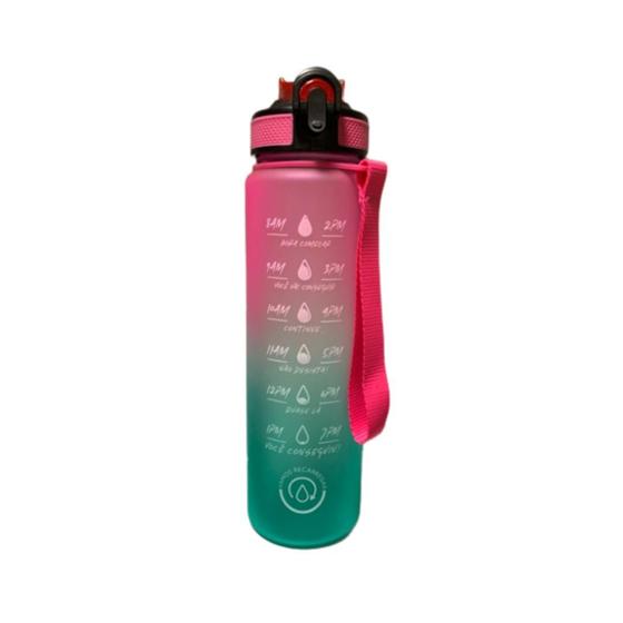 Imagem de Garrafa Squeeze Fit Academia 1000ml Click Facil Com Alça Resistente Rosa e Verde