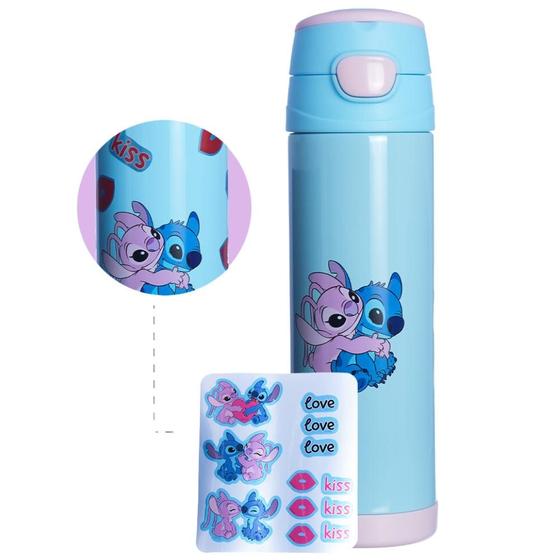 Imagem de Garrafa Stitch Térmica 6 Horas Quente Gelada Azul Rosa 500ml Com Cartela Adesivos Personalização Oficial Disney