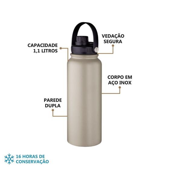 Imagem de Garrafa Térmica Aço Inox Parede Dupla 1,1L - Tampa Rosqueável com Alça, Vedação Silicone, até 16h