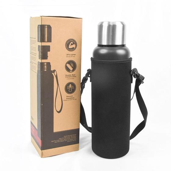 Garrafa Térmica de Aço Inoxidável 1000ml Preta Portátil Vácuo C/ Alça e Bolsa de Transporte Menor preço em Garrafa Térmica de Aço Inoxidável 1000ml Preta Portátil Vácuo C/ Alça e Bolsa de Transporte