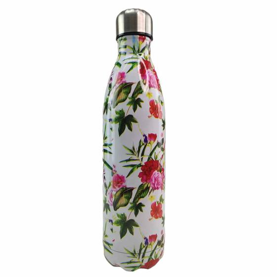 Imagem de Garrafa Termica Estampada Flores 750Ml Inox Floral Resistente Aula Academia Trabalho Agua Cha Cafe