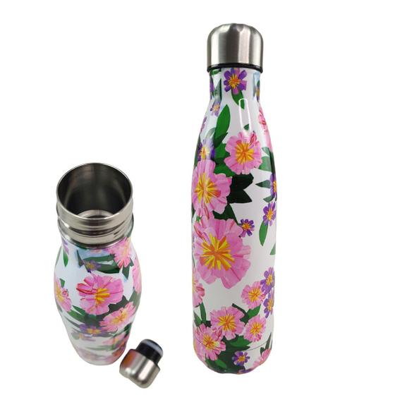 Imagem de Garrafa Termica Inox 500ml Estampada Floral Flores Florido Dia a Dia Trabalho Estudo Treino Caminhada Academia Corrida Squeeze Conserva Agua Gelada Qu