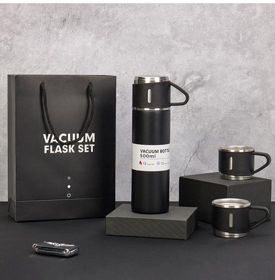 Imagem de Garrafa Térmica Moderna Inox Conjunto Com 3 Xicaras Para Viagem Café Cha