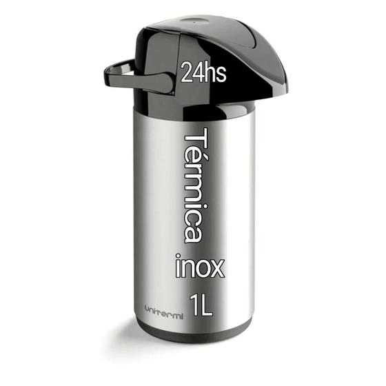 Imagem de garrafa térmica termo inox pressão 1L Aço Inox café Água quente  Por 24 Horas