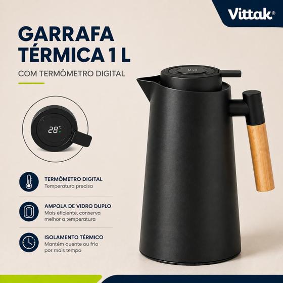 Garrafa Térmica Termômetro Digital 1 Litro Cabo de Madeira Café Chá Nórdica Luxo Vittak