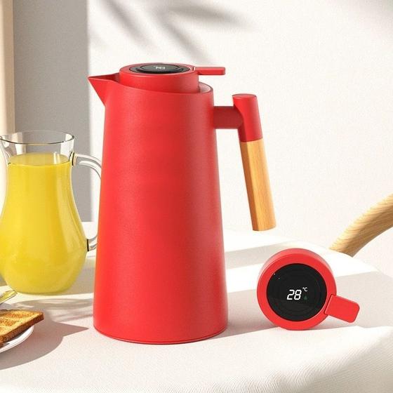 Imagem de Garrafa Térmica Vacumm de 1L com Termômetro LED Digital Para Chás Café Cabo de Madeira Jarra Chaleira Design Moderno