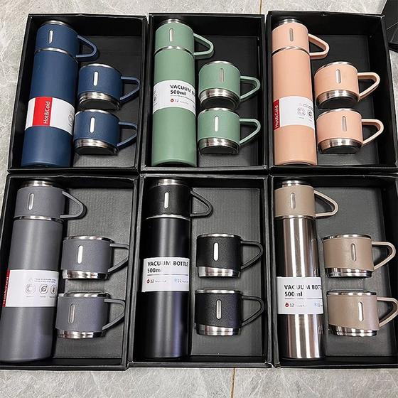 Imagem de Garrafa Térmica Vacuum Flask Inox 500ml + 3 Xícaras 