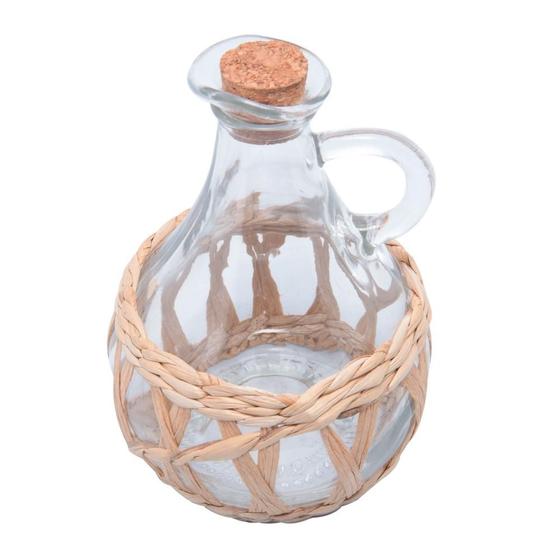 Garrafa de vidro Wolff com revestimento de fibra natural e tampa de cortiça vista em ângulo superior