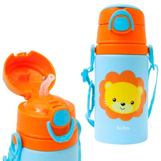 Imagem de Garrafinha 400ml Infantil De Alúminio Com Canudo Cordinha E Trava De Segurança Animal Fun Buba