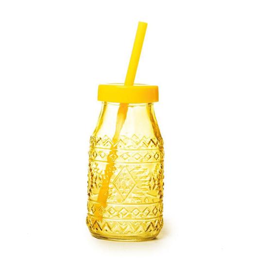 Imagem de Garrafinha Detalhe Étnica 260ml de Vidro Amarelo com Tampa e Canudo para Sucos e Refrescos