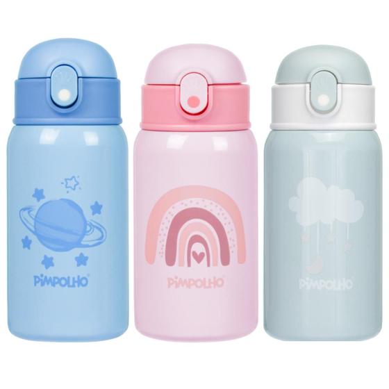 Imagem de Garrafinha Infantil Térmica Divertida para Escola c/ Canudo de Silicone 400ml Pimpolho Aço Inoxidável Parede Dupla