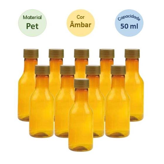 Imagem de Garrafinha Pet Ambar com Tampa Dourada 50 ml - Kit com 10 Unidades
