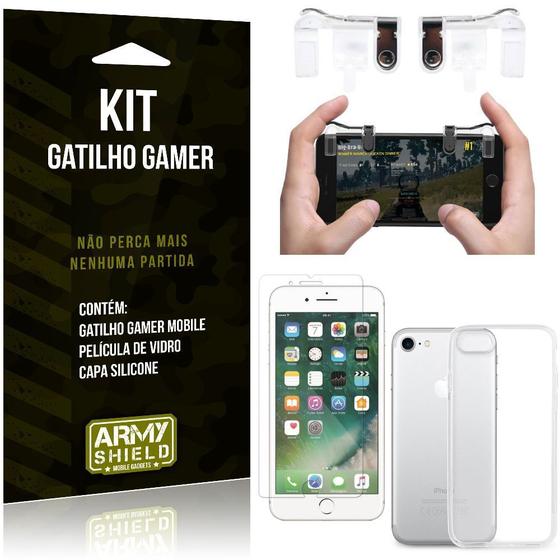 Imagem de Gatilho Gamer Compatível Apple iPhone 8 Gatilho + Capa Silicone + Película Vidro - Armyshield