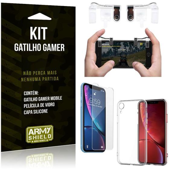 Imagem de Gatilho Gamer Compatível Apple iPhone XR 6.1 Gatilho + Capa Silicone + Película Vidro - Armyshield
