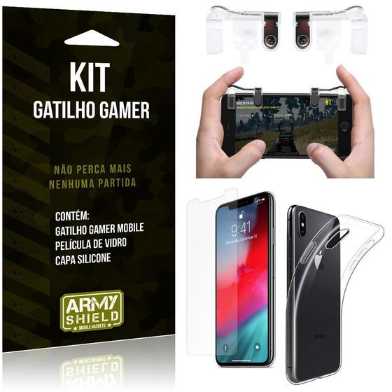 Imagem de Gatilho Gamer Compatível Apple iPhone XS 5.8 Gatilho + Capa Silicone + Película Vidro - Armyshield