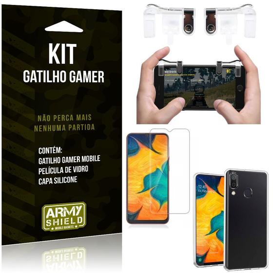 Imagem de Gatilho Gamer Samsung Galaxy A20 Gatilho + Capa Silicone + Película Vidro - Armyshield