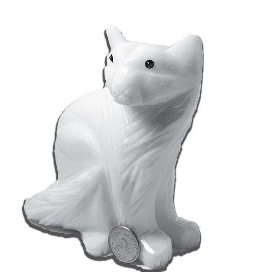 Imagem de Gato Esculpido em Pedra Mármore Branco para Decoração 13cm