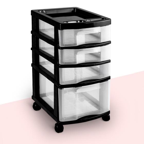 Gaveteiro Escritório De Plástico Grande Rodízios Multiuso Office Preto ...