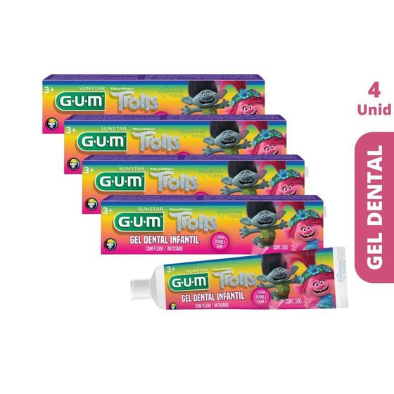 Imagem de Gel Dental Infantil Trolls  4 x 50 grs  GUM  1.100ppm Flúor