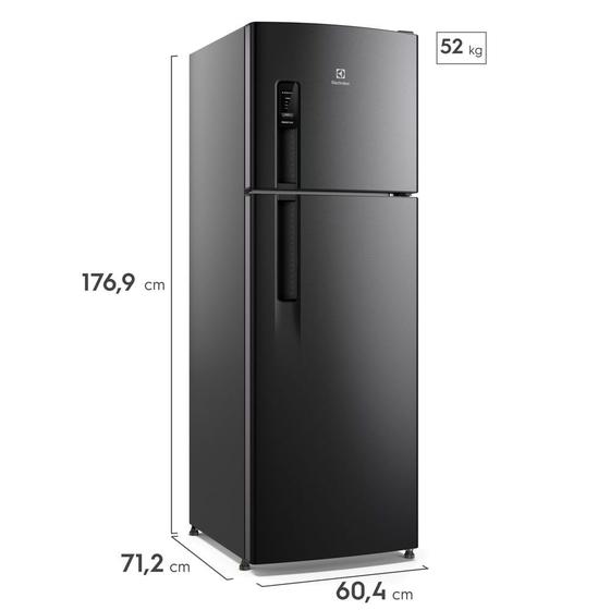 Vista lateral da geladeira Electrolux com indicação de medidas em centímetros e peso de 52kg