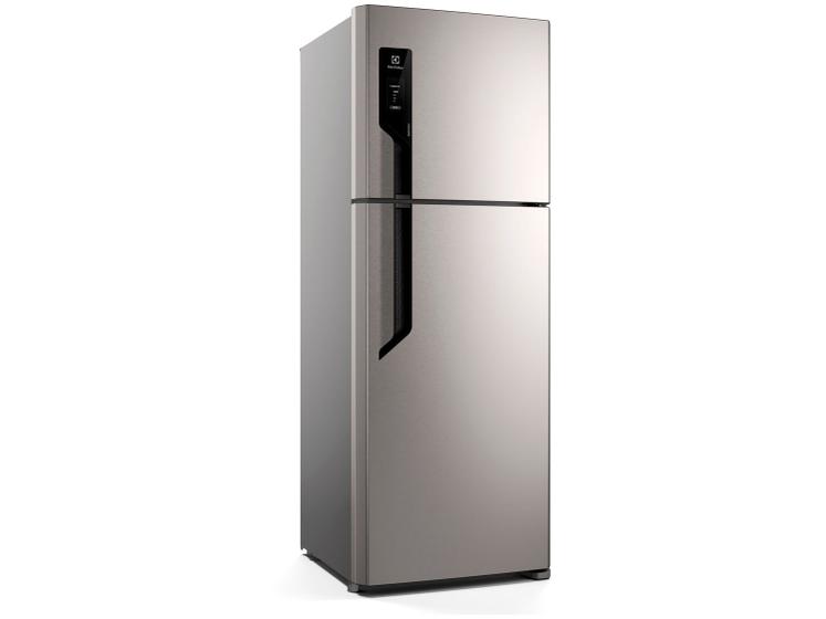 Geladeira Electrolux Frost Free Duplex Inox Look 480L Efficient em perspectiva em fundo branco