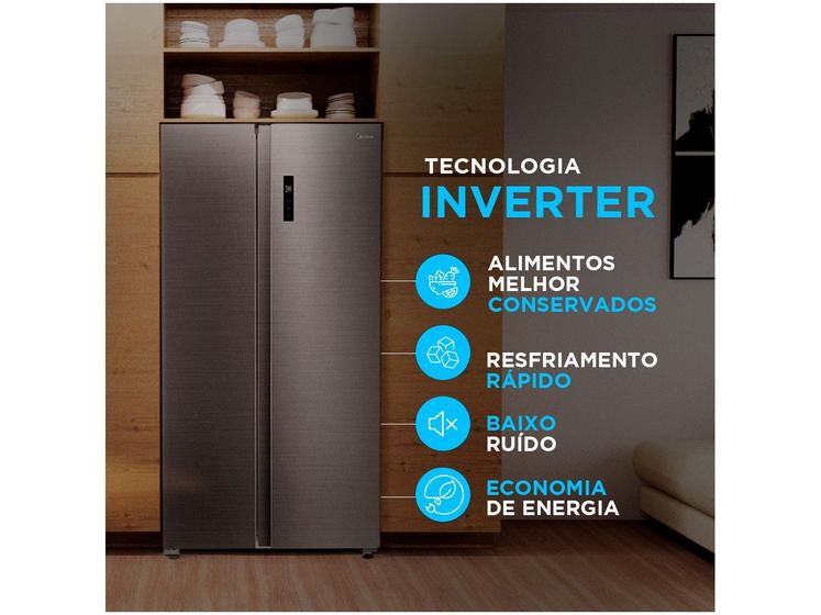 Infográfico destacando a tecnologia Inverter da geladeira Midea e seus benefícios como baixo ruído e economia.