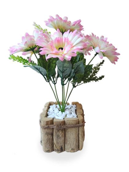 Imagem de Gérbera Branca Com Rosa Arranjo Flor Artificial Vaso Rústico - FLORDECORAR