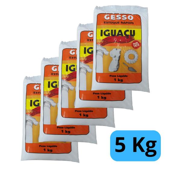 Imagem de Gesso Estuque Kit  5 Sacos Rapído Em Pó Saco 1 Kg Branco