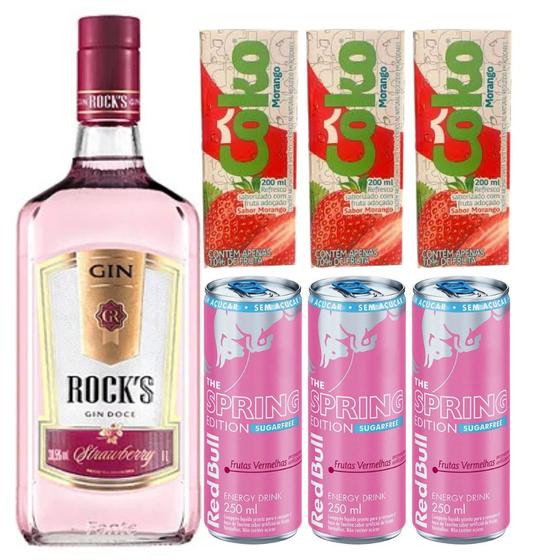 Imagem de Gin Rocks Strawberry 1l, 3 Energético Red Bull Frutas Verm