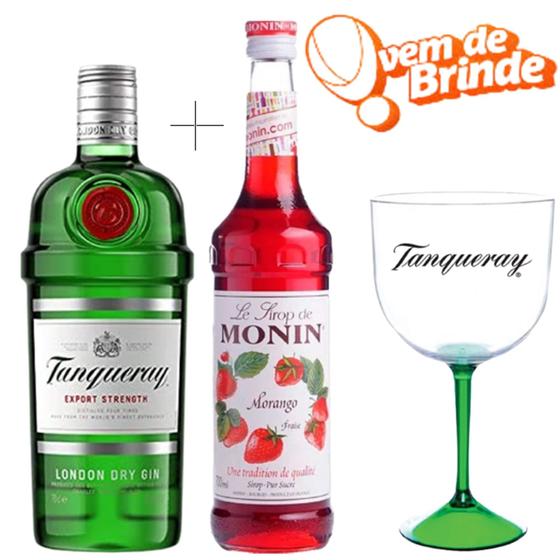 Imagem de Gin Taqueray 750ml com Xarope Monin Morango 700ml e 1 Taça Acrílica