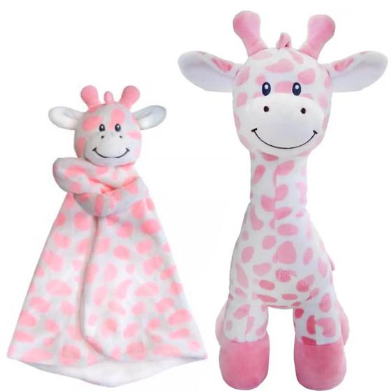 Imagem de Girafa Bicho de Pelúcia 40cm e Naninha Buba Rosa Paninho de Dormir 30cm