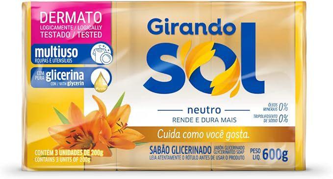 Imagem de Girando Sol Sabão Em Barra Neutro 600G Sabão Em Barra Multiuso Amarelo Com Pura Glicerina Contém 3 Unidades De 200G