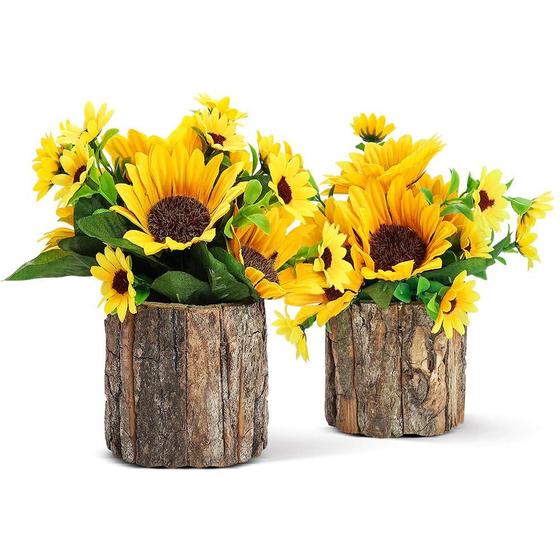 Girassóis artificiais AceList, decoração de primavera com plantadores de troncos